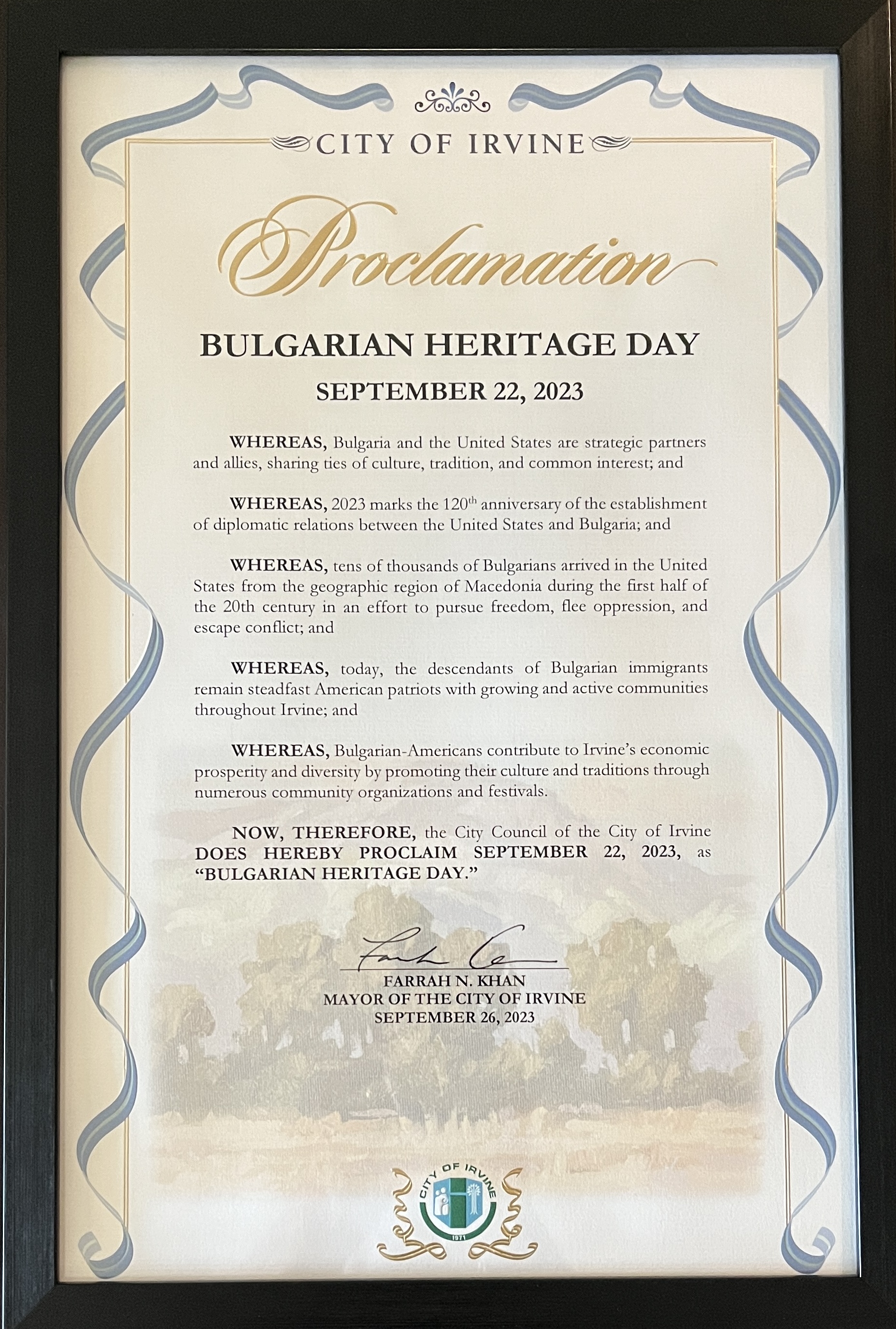 Общинският съвет на гр. Ървайн, Ориндж Каунти, обяви с прокламация Деня на независимостта на България за Ден на българското наследство в града 