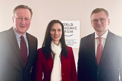 Mariya Gabriel at meeting in Davos with Foreign Ministers Dmytro Kuleba and Lord David Cameron