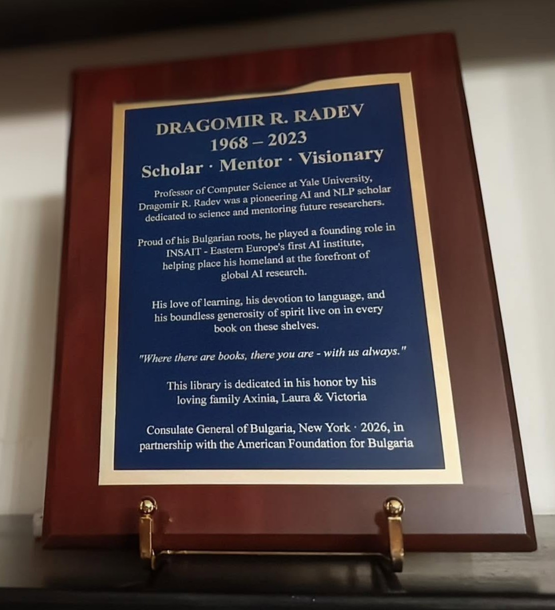 Opening of a Library Honoring Distinguished Bulgarian Scientist Professor Dragomir Radev (1968–2023) at the Consulate General of Bulgaria in New York
